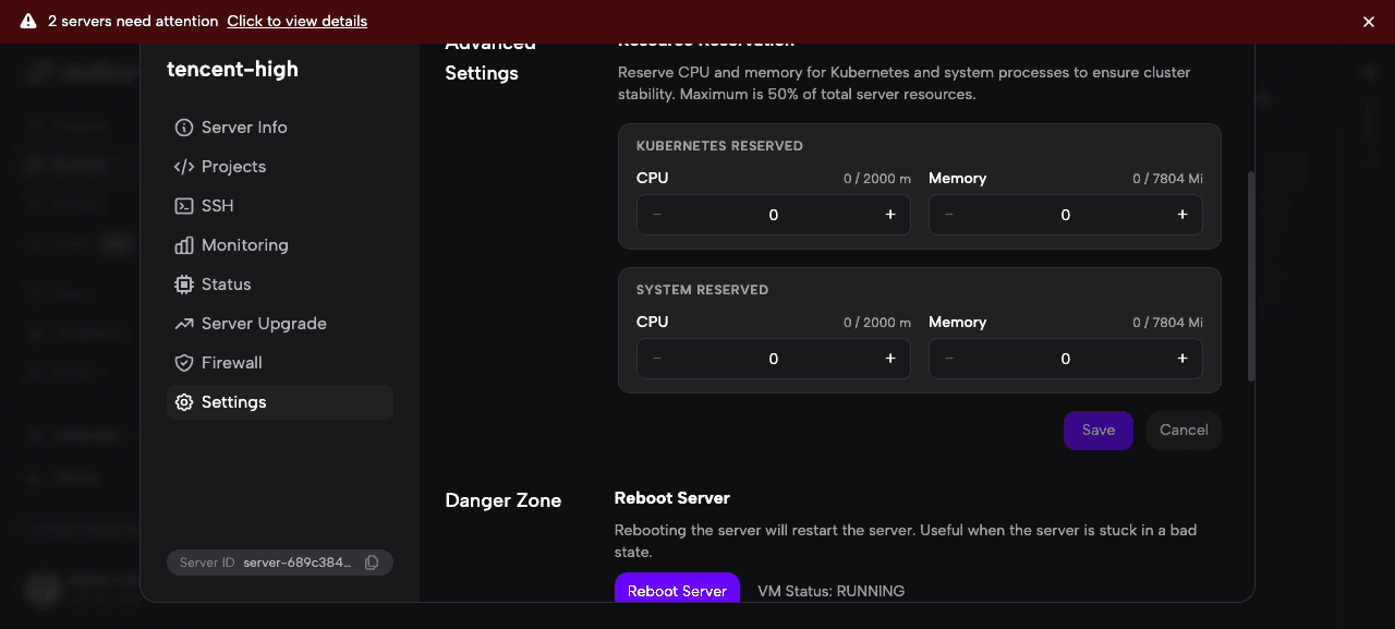 Resource Reservation settings