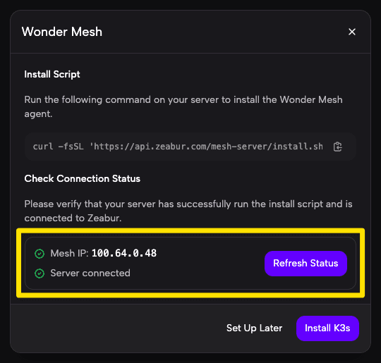 Zeabur console showing the server connected with a mesh IP assigned