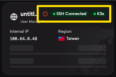 Server card showing SSH Connected and K3s healthy status
