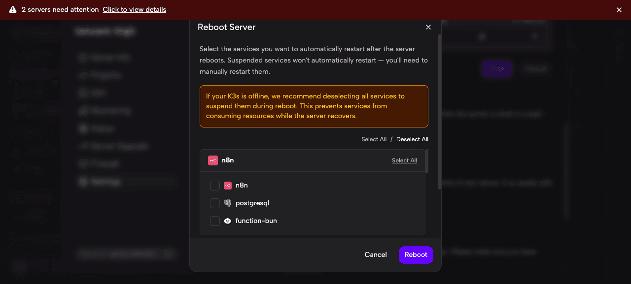 Reboot Server dialog with all services deselected