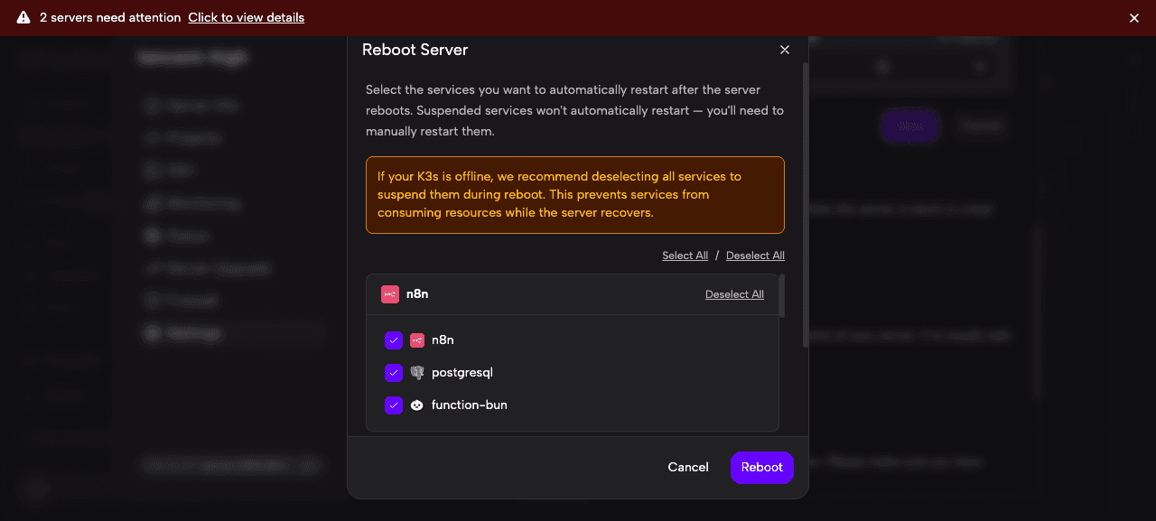 Reboot Server dialog with services listed