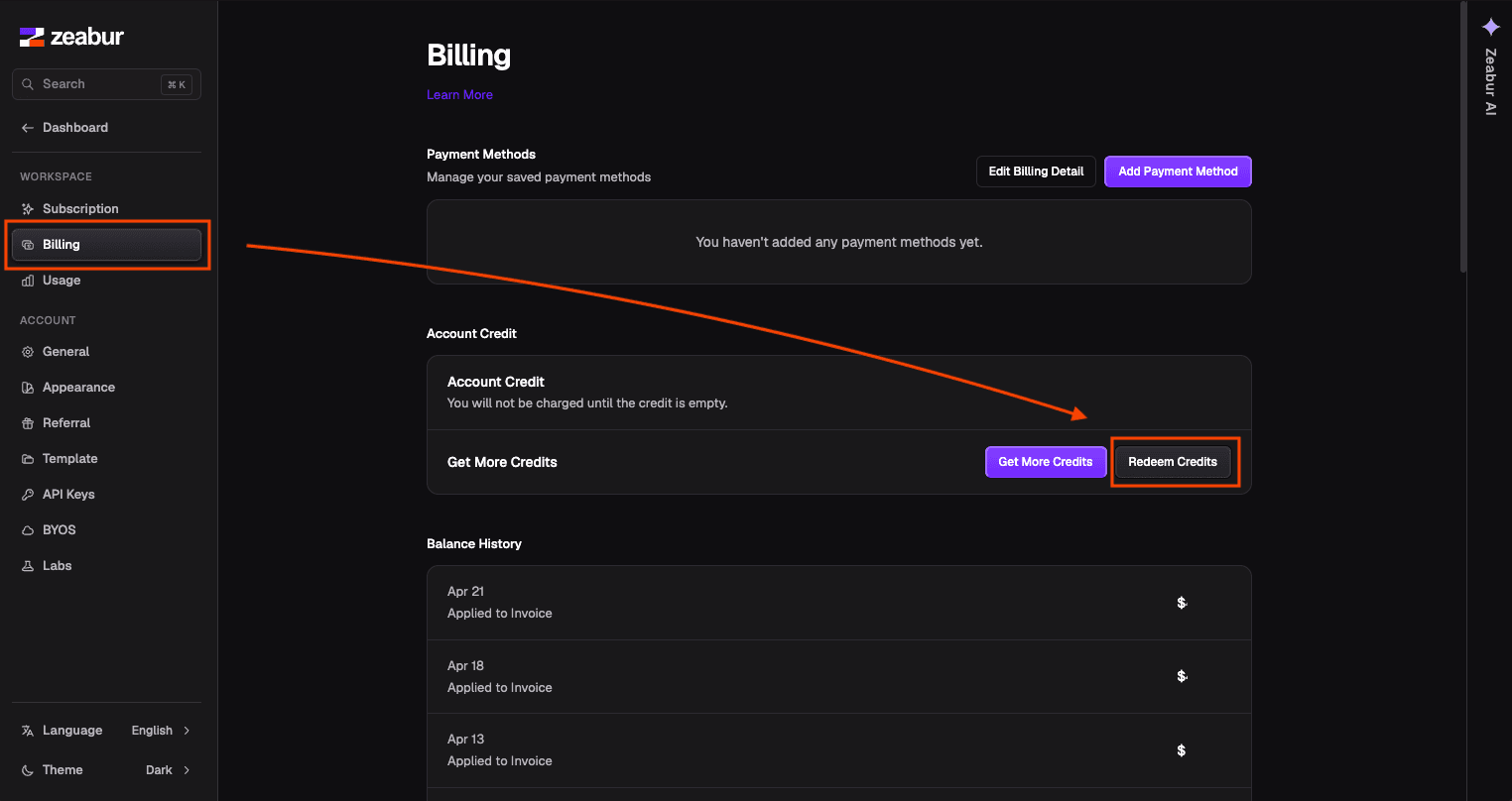 切到 Billing 并点击 Redeem Credits